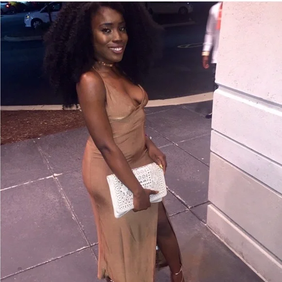 Missguided Brown / bronze spaghetti strap Maxi Dress with Plunge Neckline formal - Picture 3 of 4